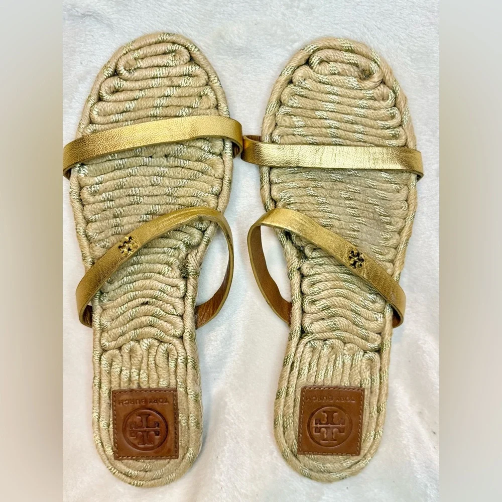 Tory Burch Women's Two-Band Flat Metallic Goat Madras Espadrille‎ Slide Gold 9